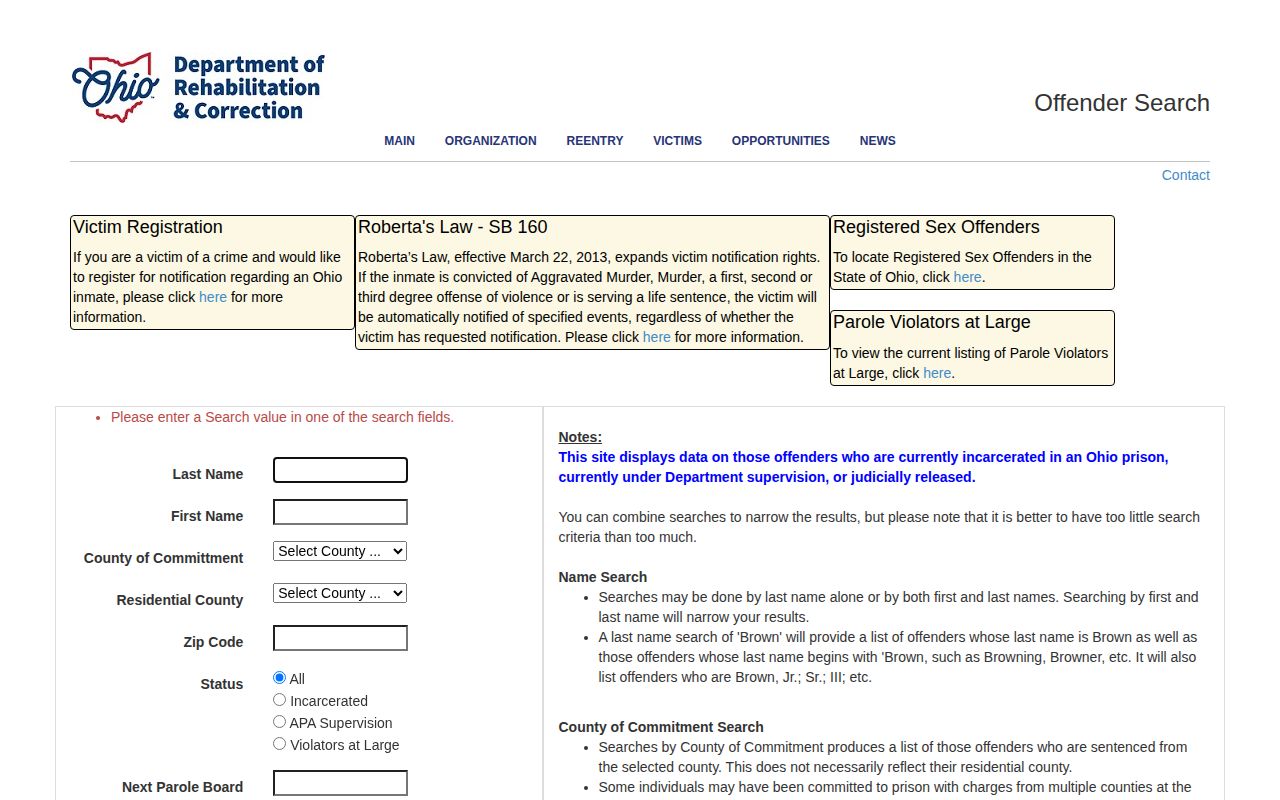 ODRC Geauga County released inmate search fields